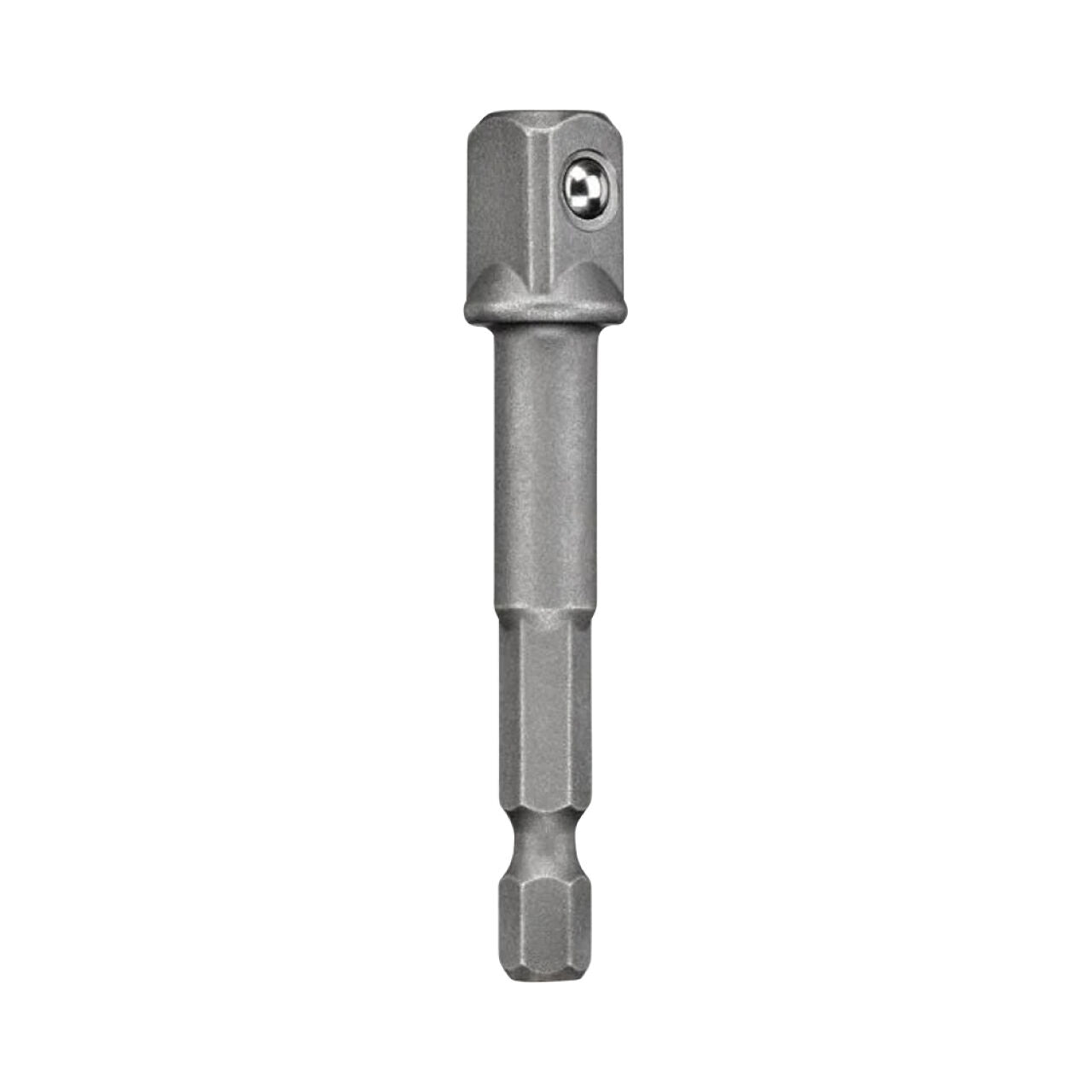 The Go Build 1/4 in. to 3/8 in. MAX Impact Adaptor is a silver, metal hex shank accessory designed for power tools—ideal for connecting sockets or attachments quickly and securely.